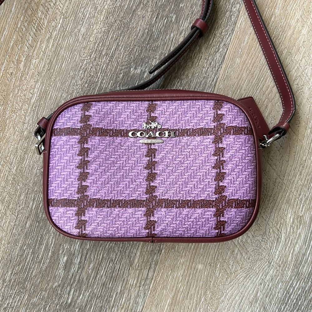 Coach Mini Jamie Camera Bag Plaid Print Coated Canvas & Leather Sv/Lavender NWT